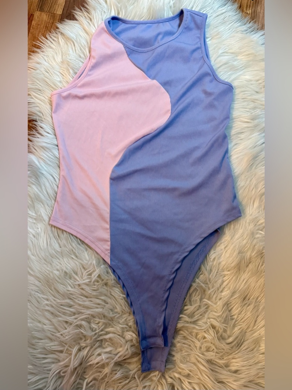 SHEIN Pink and Lavender Colorblock Ribbed Bodysuit